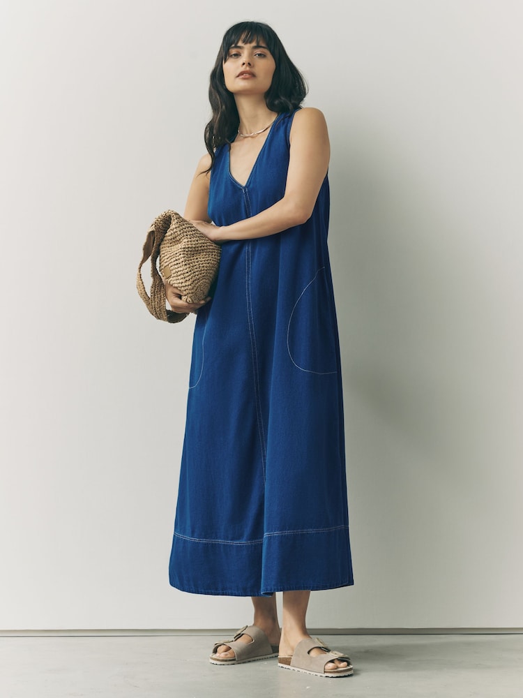 Mid Blue Denim V-Neck Sleeveless Maxi Dress - Image 2 of 7 Mid Blue Denim V-Neck Sleeveless Maxi Dress - Image 2 of 7