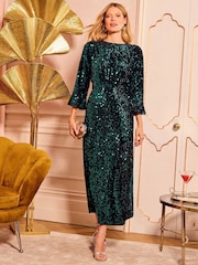 Love & Roses Green Petite Sequin Flute Sleeve Midi Dress - Image 1 of 5