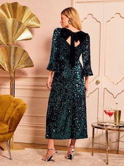 Love & Roses Green Petite Sequin Flute Sleeve Midi Dress - Image 4 of 5