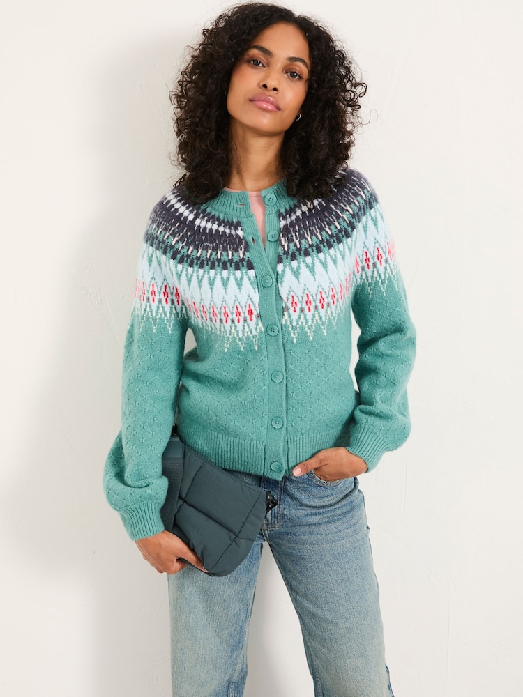 FatFace Mint Green Apres Knitted Fairisle Cardigan - Image 1 of 4 FatFace Mint Green Apres Knitted Fairisle Cardigan - Image 1 of 4