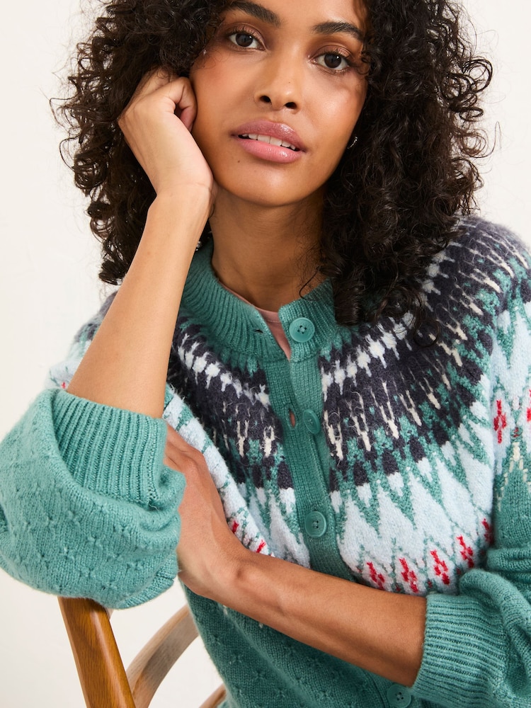 FatFace Mint Green Apres Knitted Fairisle Cardigan - Image 4 of 4