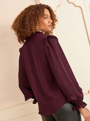 Borgonha - Love & Roses V-Neck Pintuck Detail Long Sleeve Blouse - Imagem 4 de 4