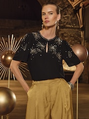 Love & Roses Black Gold Petite RO Embellished Short Sleeve Top - Image 1 of 4