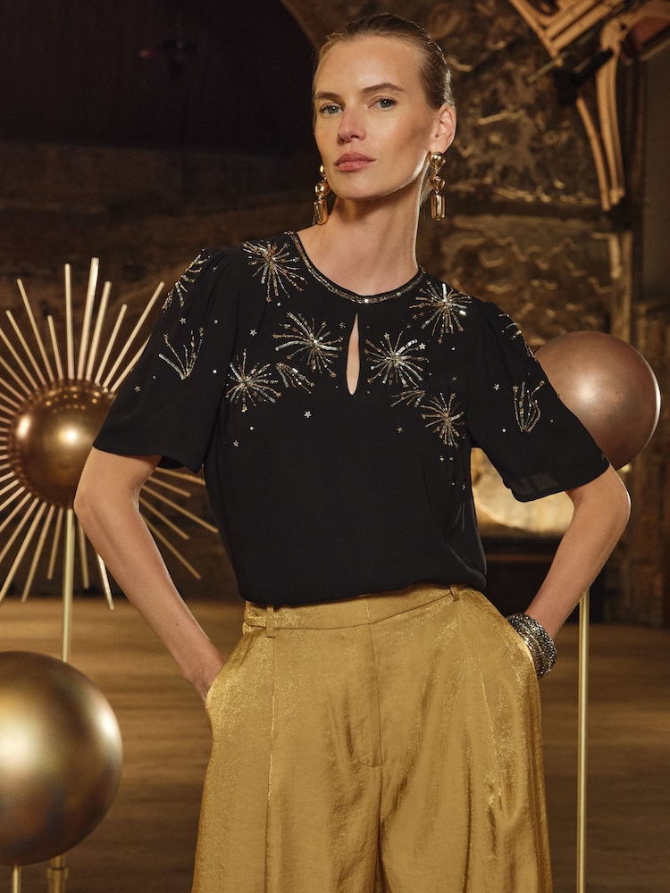 Love & Roses Black Gold Petite RO Embellished Short Sleeve Top - Image 1 of 4