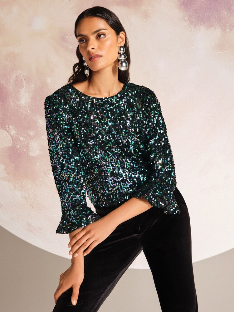 Love & Roses Multi Ombre Petite Sequin Flute Sleeve Top - Image 1 of 4