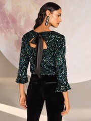 Love & Roses Multi Ombre Petite Sequin Flute Sleeve Top - Image 2 of 4