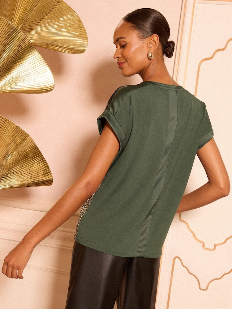 Love & Roses Green Gold Ombre Petite Sequin Short Roll Sleeve Top - Image 4 of 4