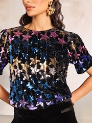 Love & Roses Multi Petite RO Star Sequin Short Sleeve Top - Image 2 of 4