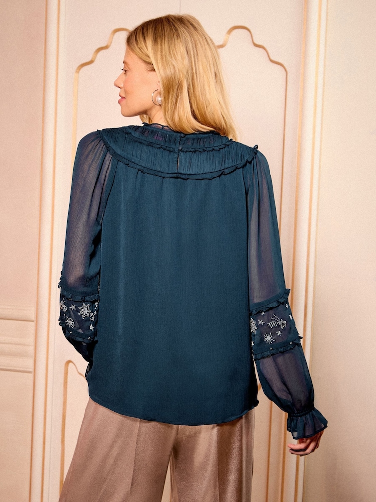 Love & Roses Midnight Blue Petite RO Shirred Detail Long Sleeve Blouse - Image 2 of 4