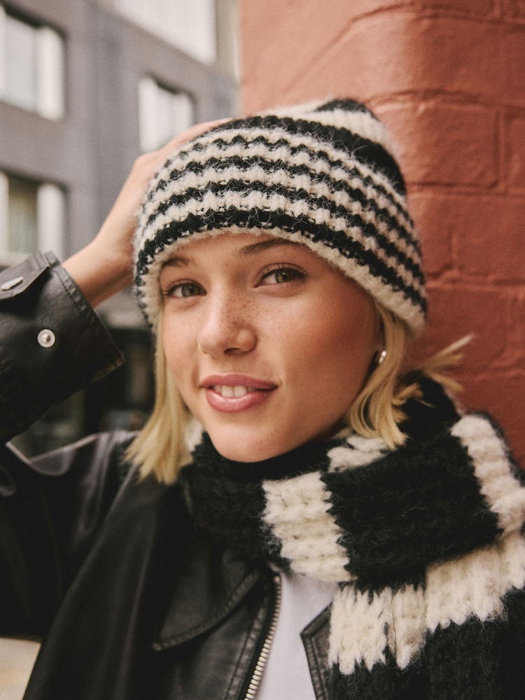 Black/White Stripe Knitted Beanie Hat - Image 1 of 7