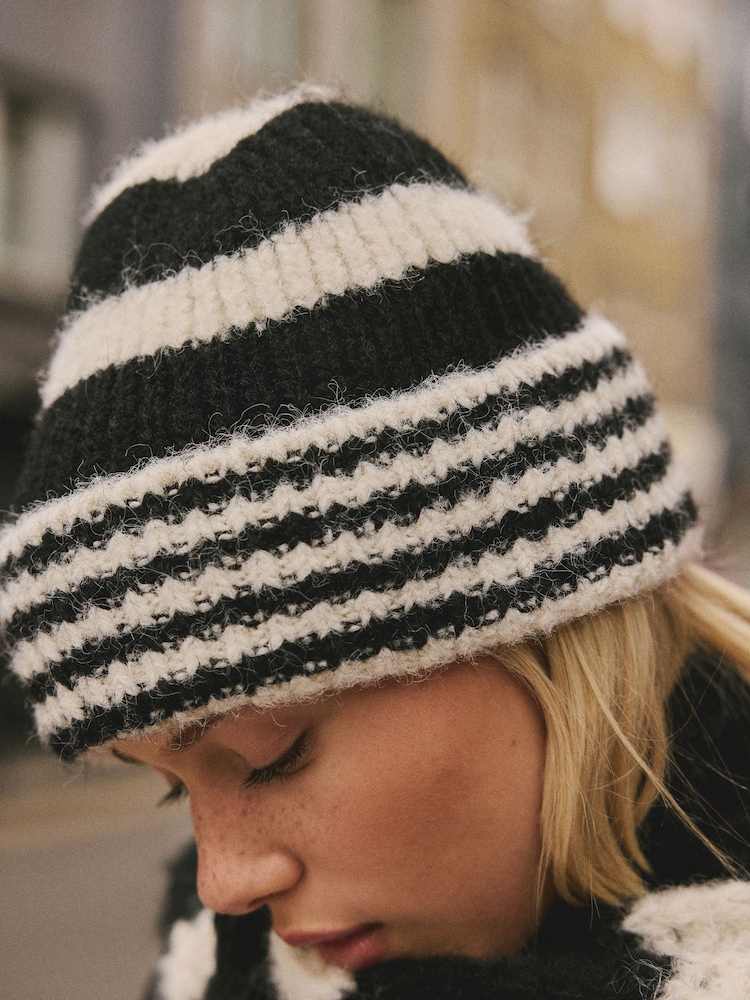 Buy Black/White Stripe Knitted Beanie Hat from Next USA display picture 1