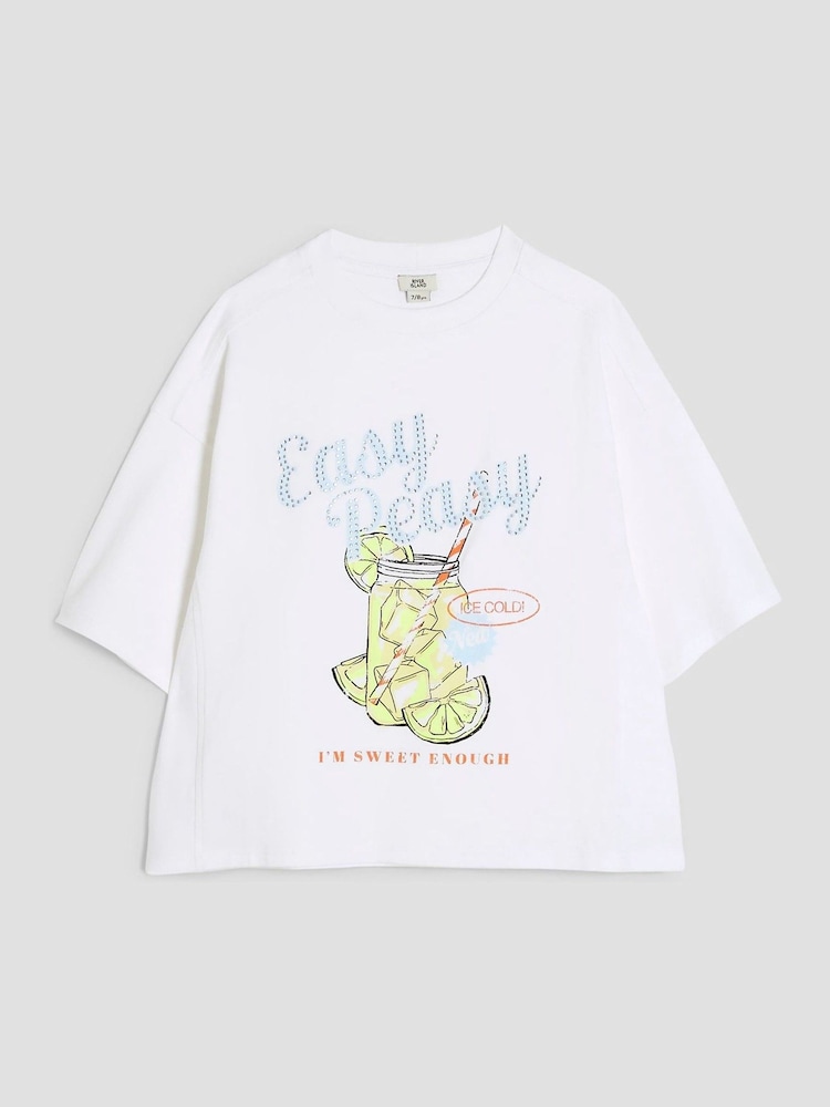 River Island White Girls Easy Peasy 100% Cotton T-Shirt - Image 1 of 4