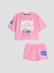 River Island Pink Girls 100% Cotton NYC Runner Set - Image 1 of 4
