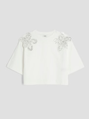 River Island White Girls Embroidered Flower 100% Cotton T-Shirt - Image 1 of 4