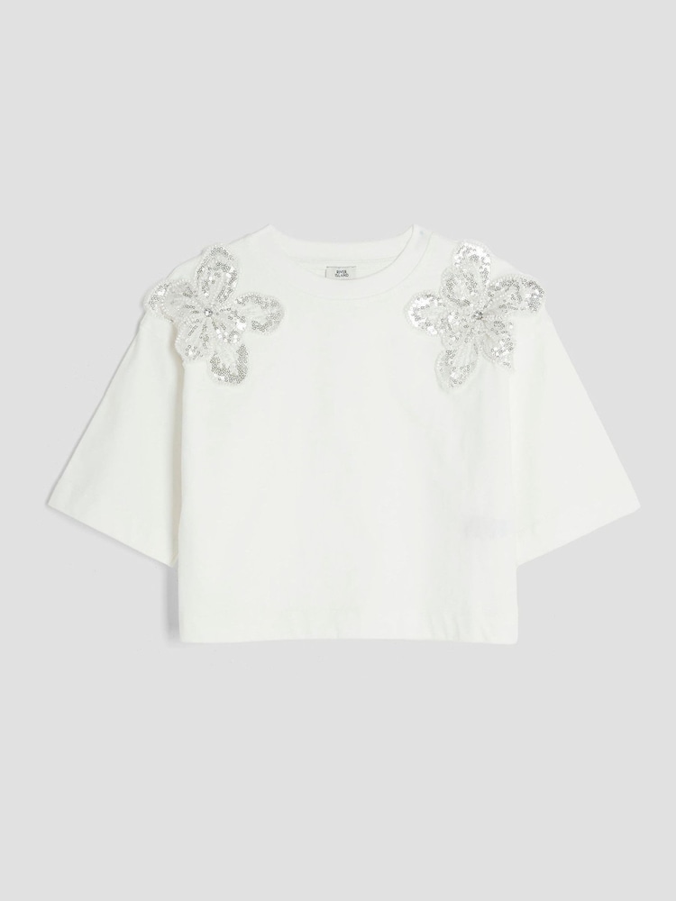 River Island White Girls Embroidered Flower 100% Cotton T-Shirt - Image 1 of 4 River Island White Girls Embroidered Flower 100% Cotton T-Shirt - Image 1 of 4