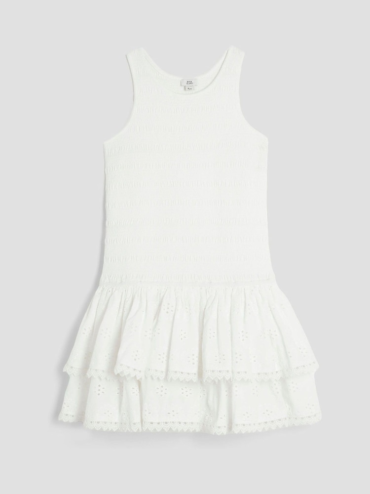 River Island White Girls 100% Cotton Shirred Broderie Rara Dress - Image 1 of 4 River Island White Girls 100% Cotton Shirred Broderie Rara Dress - Image 1 of 4