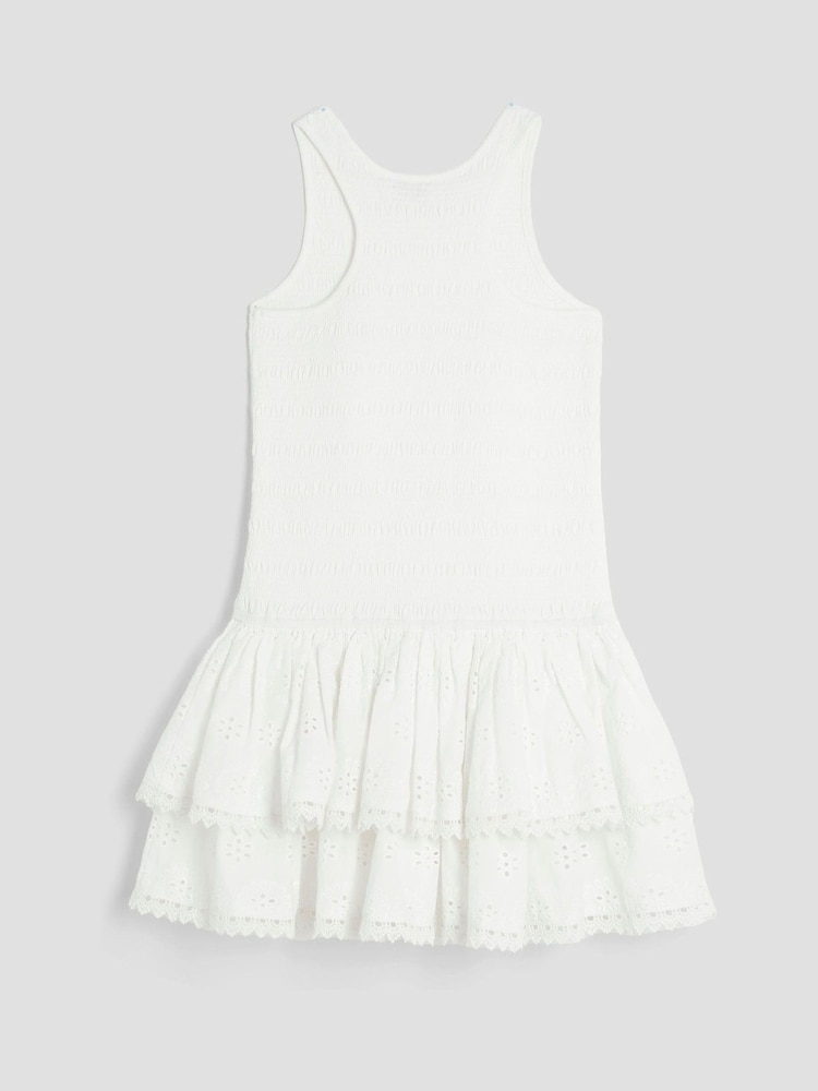 River Island White Girls 100% Cotton Shirred Broderie Rara Dress - Image 2 of 4
