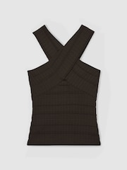Reiss Chocolate Alex Cross Neck Textured Top - Image 1 of 7