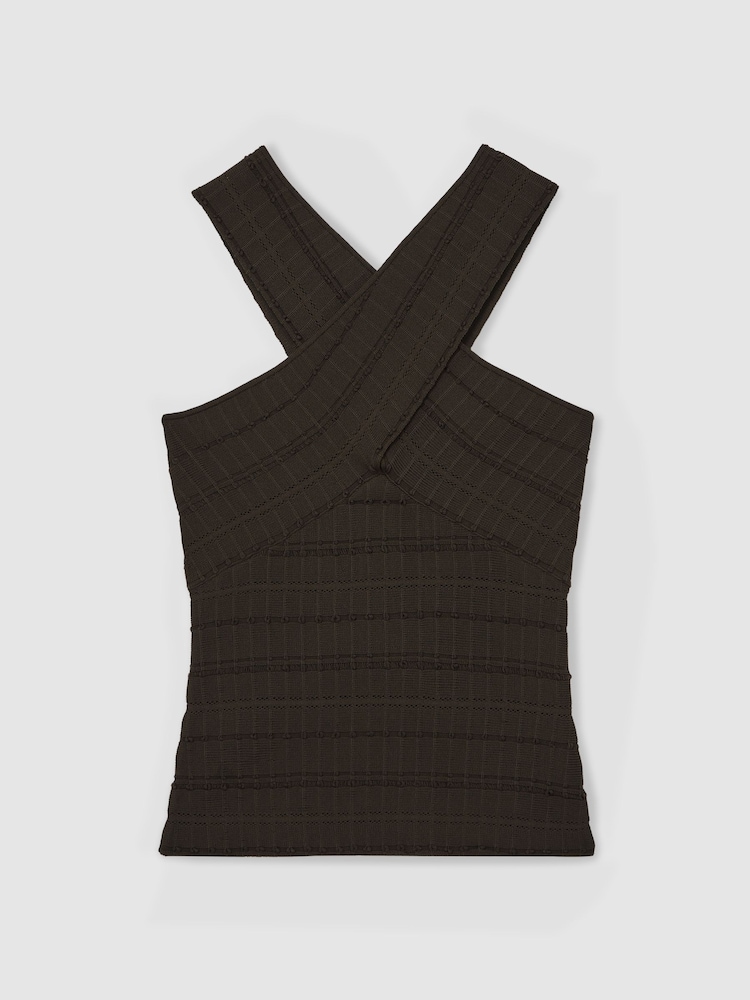 Reiss Chocolate Alex Cross Neck Textured Top - Image 1 of 7
