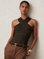 Reiss Chocolate Alex Cross Neck Textured Top - Image 4 of 7