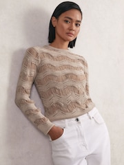 Reiss Taupe Neutral Bella Cotton Blend Ladder Knit Top - Image 1 of 6