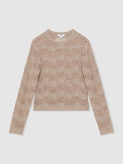 Reiss Taupe Neutral Bella Cotton Blend Ladder Knit Top - Image 2 of 6