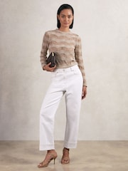 Reiss Taupe Neutral Bella Cotton Blend Ladder Knit Top - Image 3 of 6