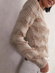 Reiss Taupe Neutral Bella Cotton Blend Ladder Knit Top - Image 4 of 6