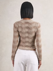 Reiss Taupe Neutral Bella Cotton Blend Ladder Knit Top - Image 5 of 6