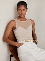 Reiss Pink Neutral Darcey Mesh Rib-Knit Sweetheart Vest - Image 1 of 5