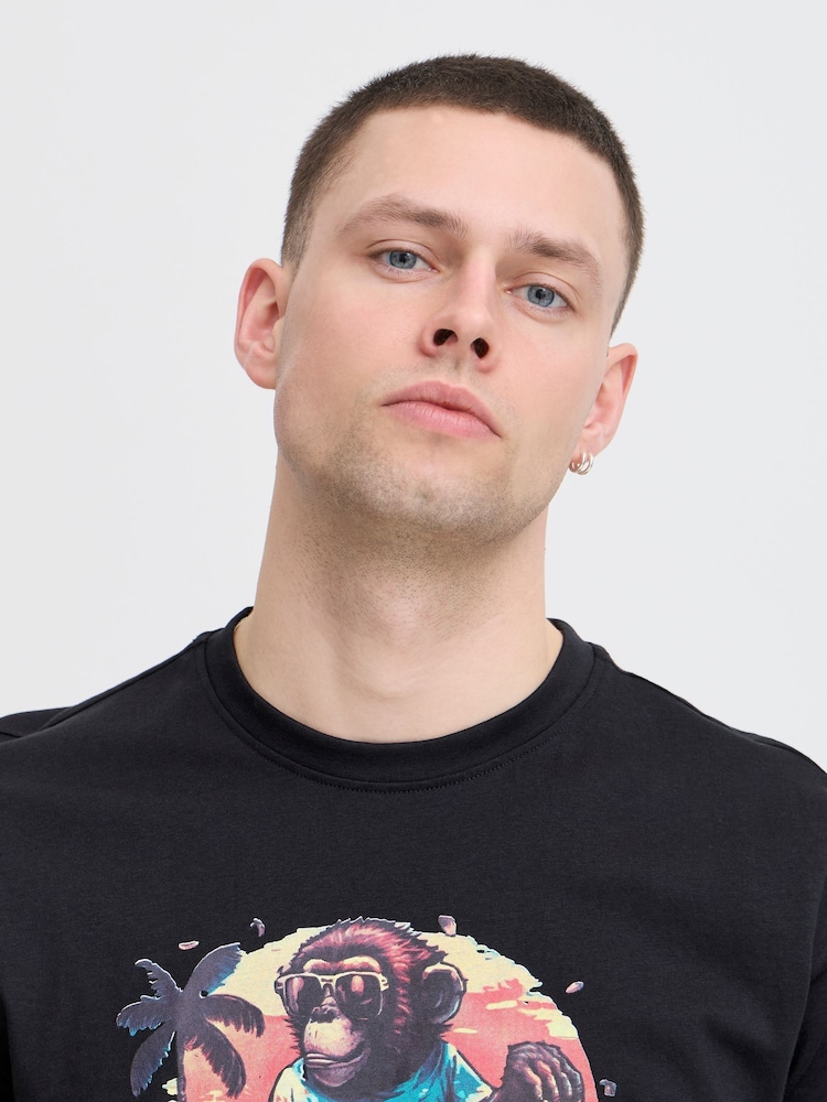 Czarny - Blend Surfer Printed Short Sleeve 100% Cotton T-Shirt - Image 4 of 5