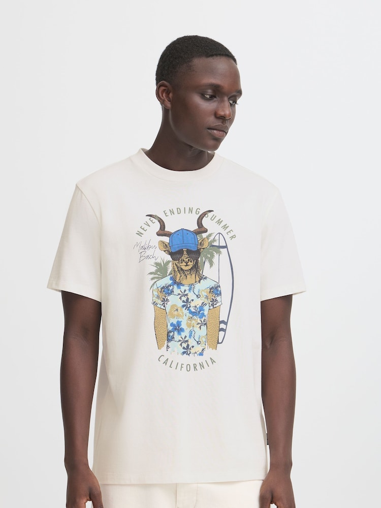 Blend White Deer Sloth Printed Short Sleeve 100% Cotton T-Shirt - Image 1 of 5