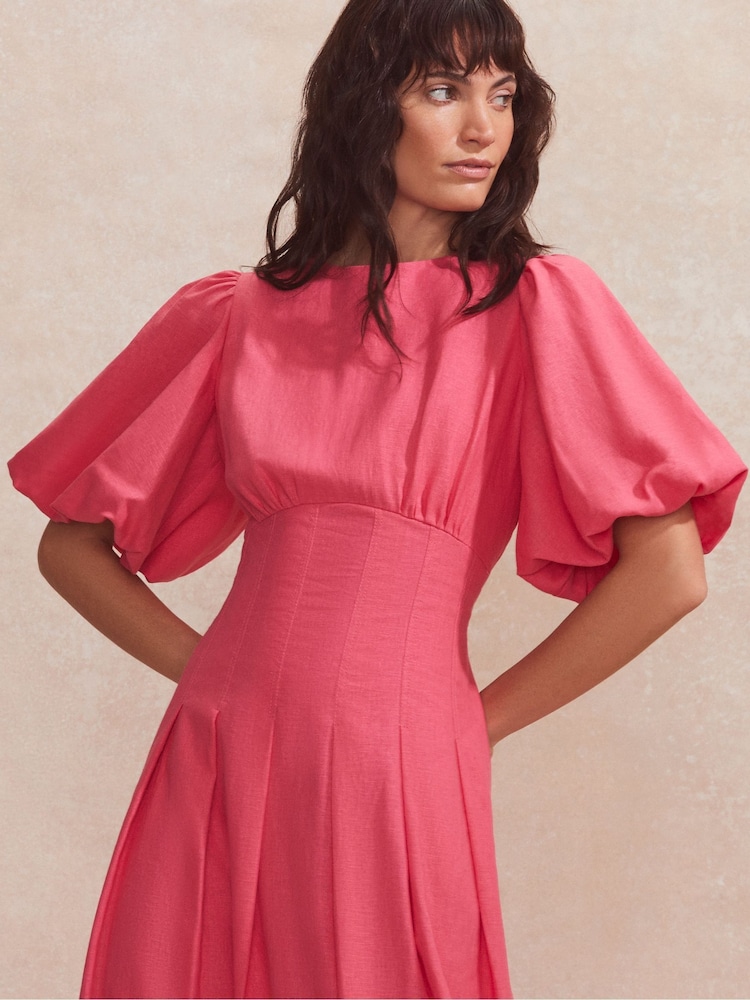 Ro&Zo Pink Petite Pleat Detail Linen Blend Dress - Image 2 of 6