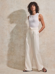 Ro&Zo Cream Petite Folded Waistband Detail Trousers - Image 1 of 4