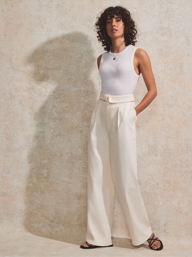 Ro&Zo Cream Petite Folded Waistband Detail Trousers - Image 1 of 4
