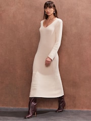 Ro&Zo Natural Petite V-Neck Knitted Midi Dress - Image 3 of 4