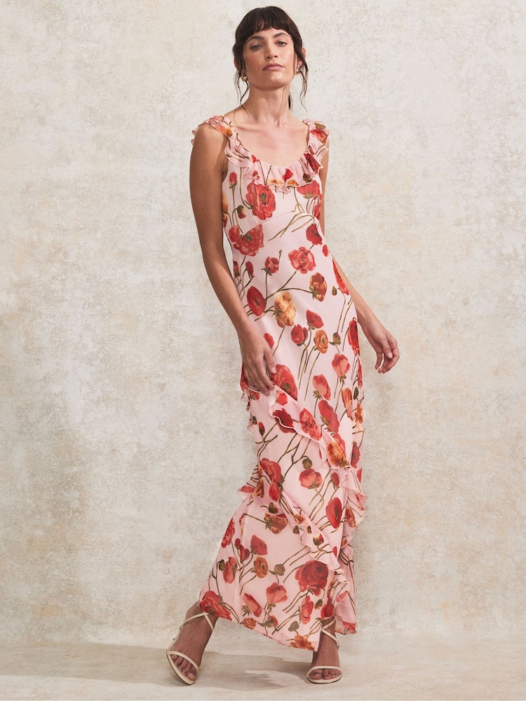 Ro&Zo Pink Petite Poppy Printed Frill Neck Dress - Image 2 of 4 Ro&Zo Pink Petite Poppy Printed Frill Neck Dress - Image 2 of 4