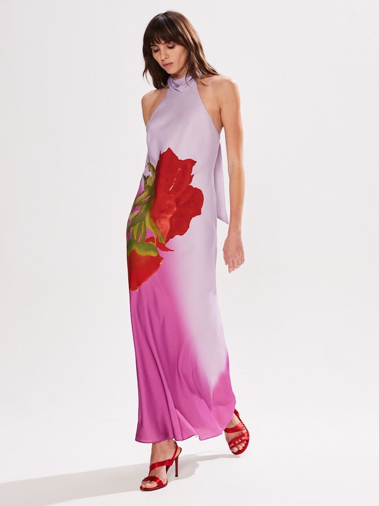Ro&Zo Pink Petite Margot Rose Print Halter Neck Dress - Image 2 of 3