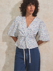 Ro&Zo White Ditsy Print Twist Front 100% Cotton Blouse - Image 1 of 4