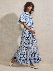 Ro&Zo Blue Petite Tile Printed 100% Cotton Shirt Dress - Image 1 of 4