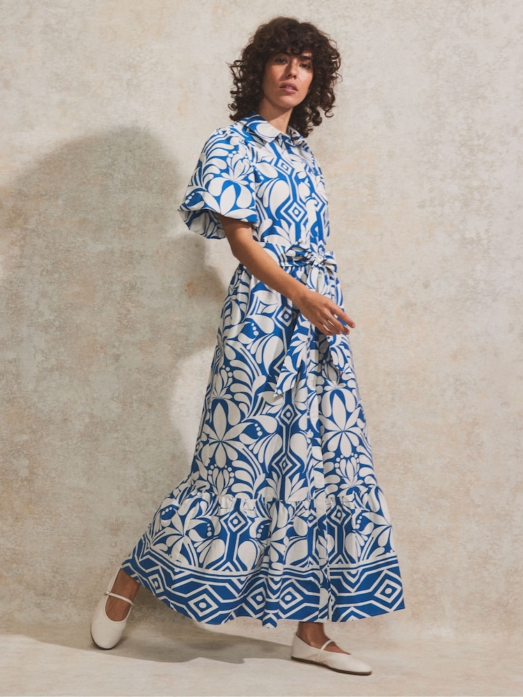 Ro&Zo Blue Petite Tile Printed 100% Cotton Shirt Dress - Image 1 of 4