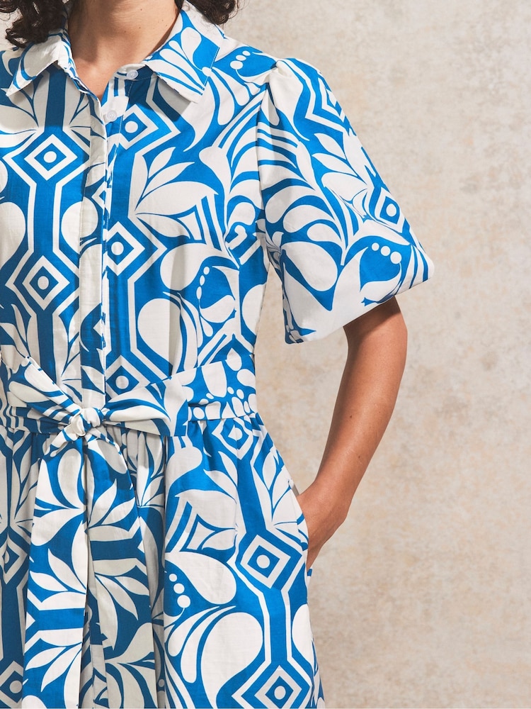 Ro&Zo Blue Petite Tile Printed 100% Cotton Shirt Dress - Image 2 of 4