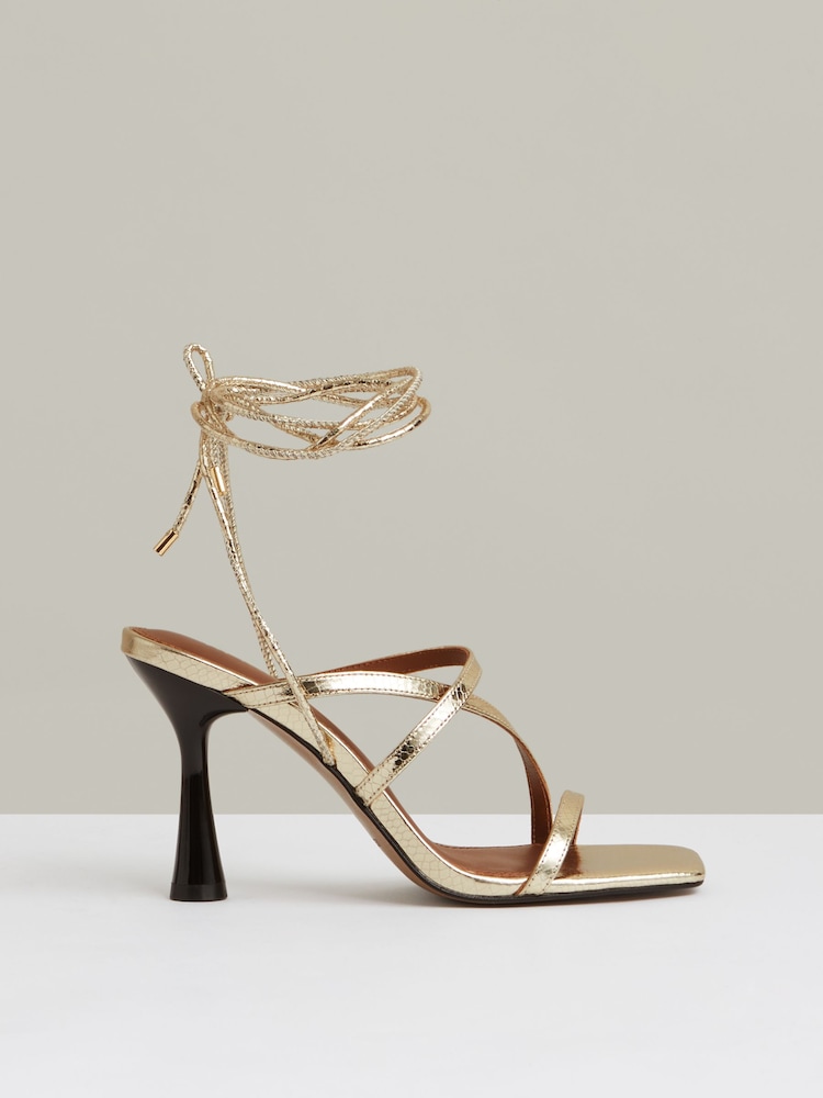 Reiss Gold Rebecca Leather Metallic Strappy Heeled Sandals - Image 1 of 5