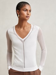 Reiss White Soraya Sheer-Detail V-Neck Top - Image 1 of 5