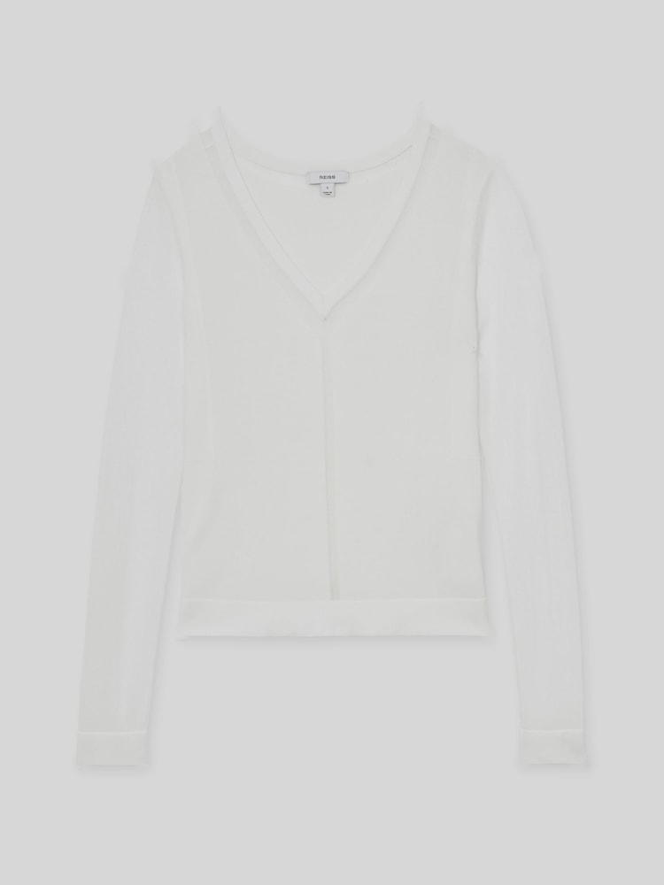 Reiss White Soraya Sheer-Detail V-Neck Top - Image 2 of 5