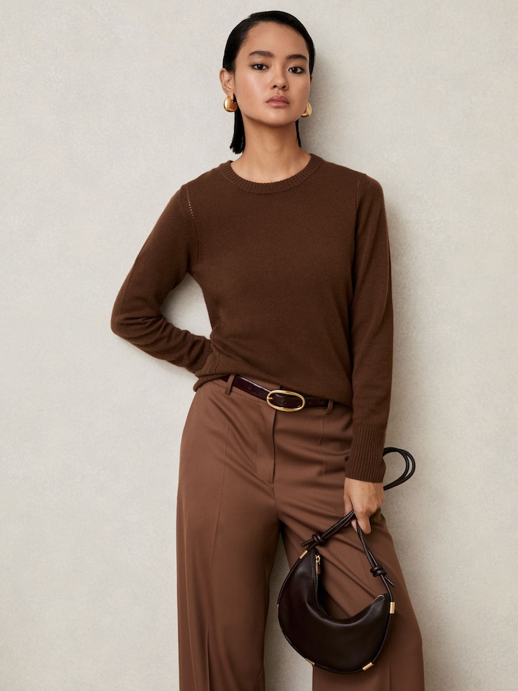 Reiss Toffee Brown Anya Wool-Blend Open-Stitch Jumper with Cashmere - Image 1 of 7