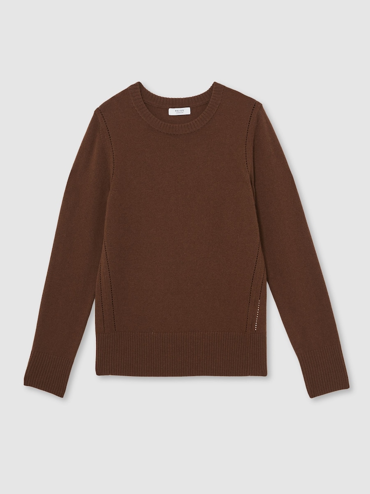 Reiss Toffee Brown Anya Wool-Blend Open-Stitch Jumper with Cashmere - Image 2 of 7