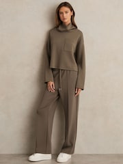 Reiss Khaki Green Jemma Modal Blend Interlock Wide Leg Joggers - Image 1 of 6