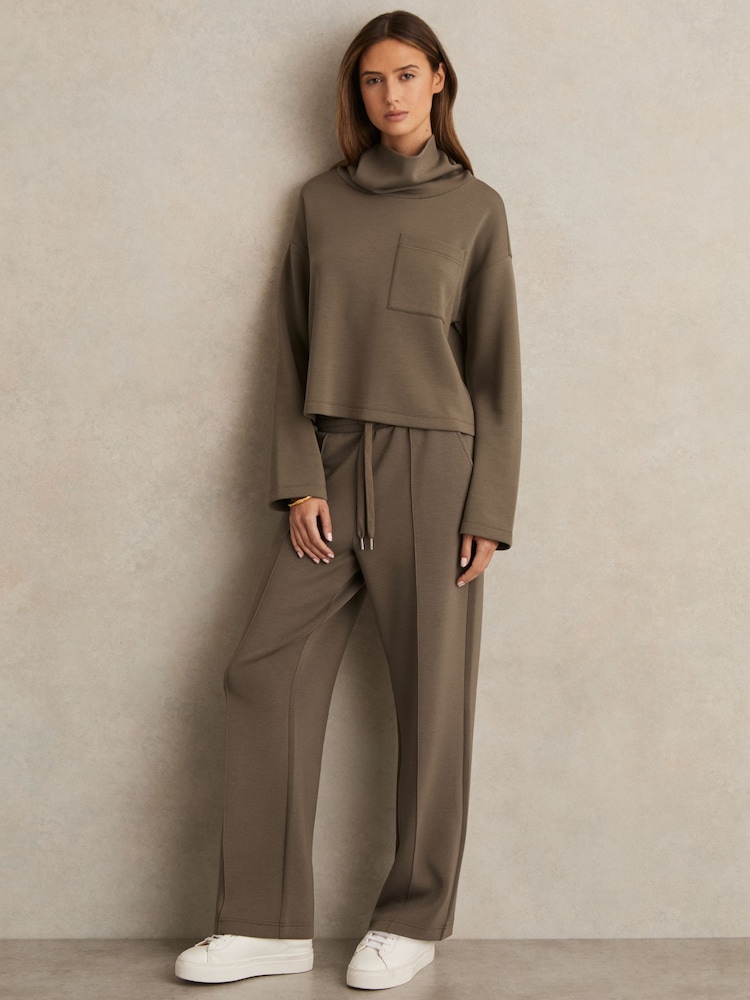 Reiss Khaki Green Jemma Modal Blend Interlock Wide Leg Joggers - Image 1 of 6