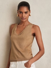 Reiss Gold Sia Metallic-Knit Twist-Neckline Vest - Image 1 of 6